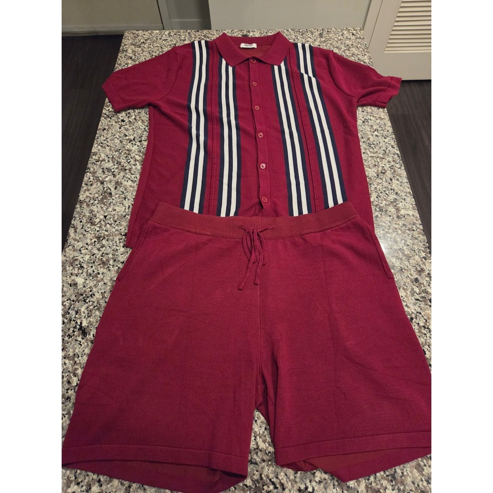 Coofandy Knit Set Mens Large Burgundy Striped Button Down Polo and Shorts 2pc